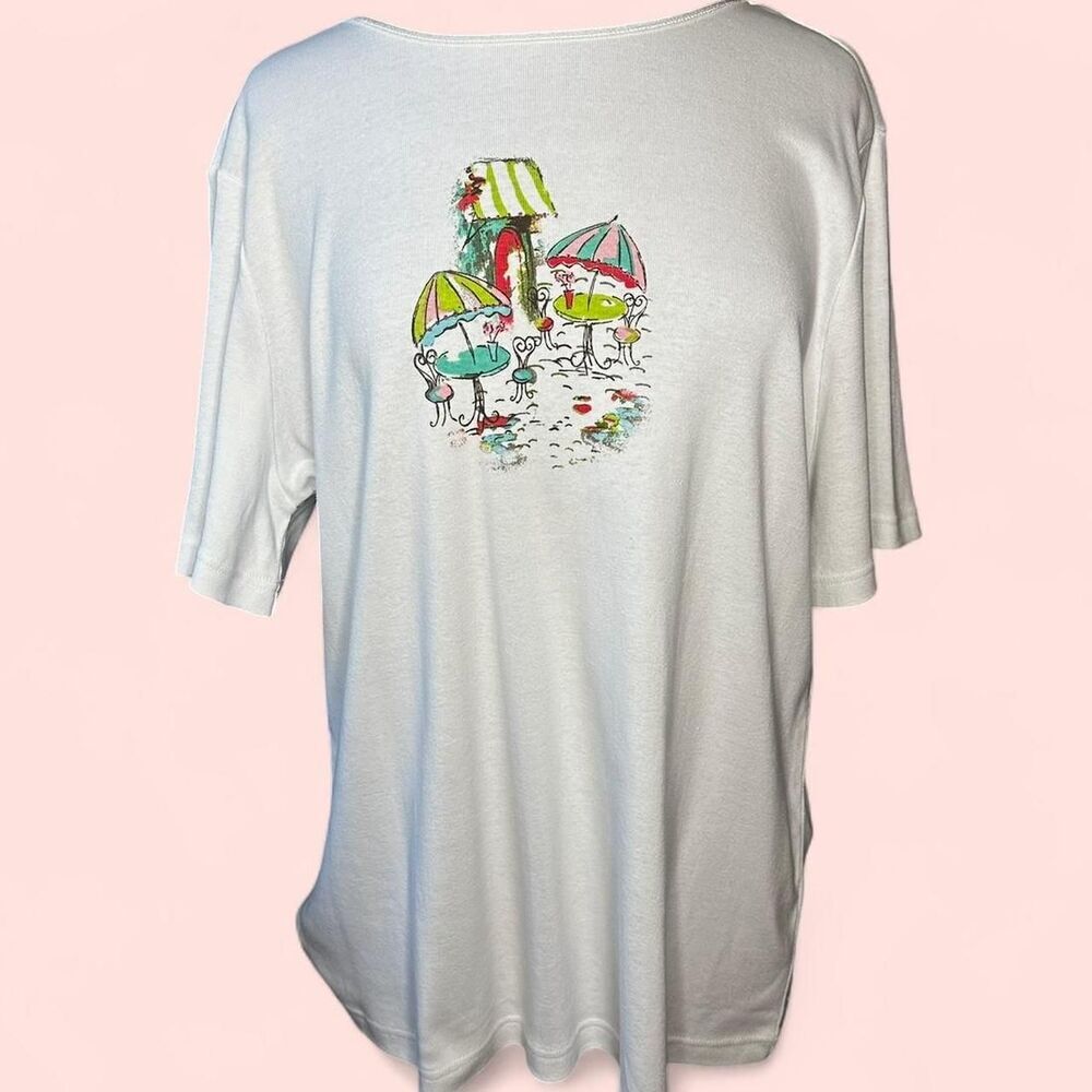 NWT CJ Banks Cottagecore Cafe Graphic Tee – White‎ 1X - Whimsical Patio Scene